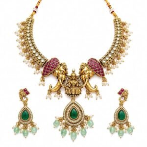 Traditional Antique Gold Plated Goddess Lakshmi Temple Jewelry Necklace Set with Matching Jhumka Earrings