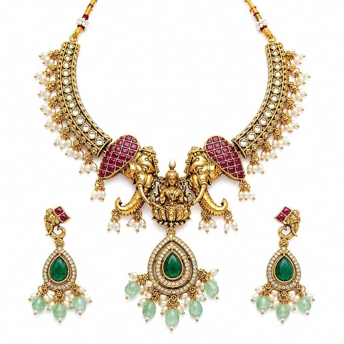 Traditional Antique Gold Plated Goddess Lakshmi Temple Jewelry Necklace Set with Matching Jhumka Earrings